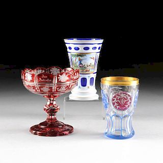 A GROUP OF TWO BOHEMIAN GLASS BEAKERS AND A COMPOTE, 20TH CENTURY,