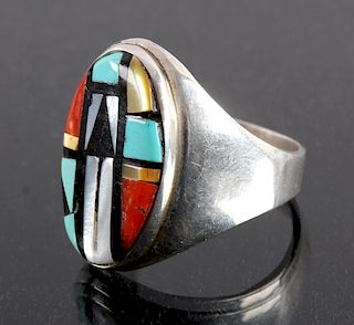 Signed Zuni Sterling Silver Inlaid Mosaic Ring