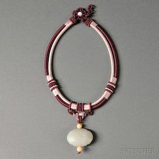 Woven Necklace with Jade Pendant and Bone Beads