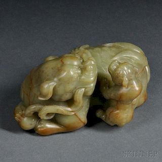 Jade Carving of a Foo Lion with Cub