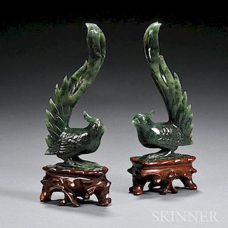 Pair of Hardstone Carvings of Ribbon-tailed Birds