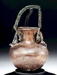 Important Roman Glass Aryballos - Original Bronze Chain
