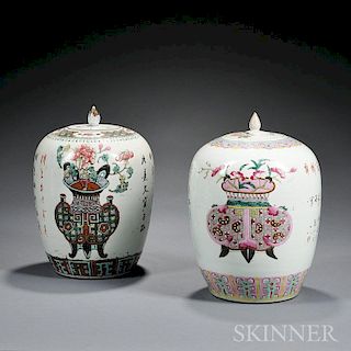 Two Enameled Covered Jars