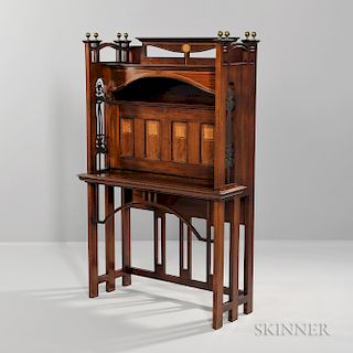 George Montague Ellwood and J.S. Henry Brass and Bronze Inlaid Mahogany and Fruitwood Secretary
