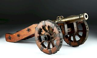 19th C. European Bronze Signal Cannon on Wooden Cart