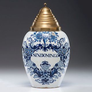 Dutch Delft Sindomingo Tobacco Jar with Brass Lid