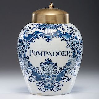 Dutch Delft Pompadoer Tobacco Jar with Brass Lid