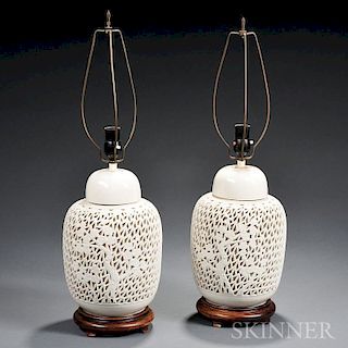 Pair of White Reticulated Ginger Jar Lamps