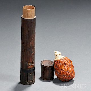 Horn and Ivory Snuff Bottle and Bamboo Needle Case