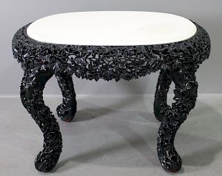 Burmese Teak Carved Marble Top Table