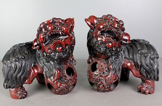 Pair Chinese Red Lacquered Foo Lions