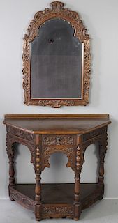 Carved Oak Hall Table with Matching Mirror
