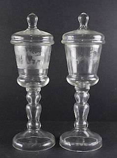 Two Bohemian Etched Mantle Spill Vases