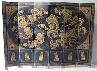 Chinese Six Panel Black Lacquer Screen