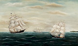 American School (late 19th century) Three American Ships Off Lighthouse