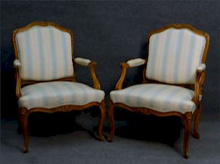 PR OF FRENCH FAUTEUIL W/ CARVED FRUIT WOODEN