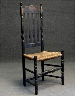 18THC. BANNISTER BACK SIDE CHAIR IN BLACK PAINT