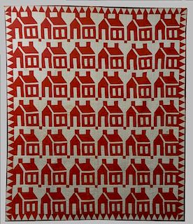 HAND STITCHED RED SCHOOL HOUSE  QUILT, 85" X 71"