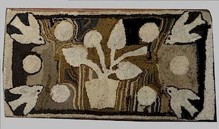 HOOKED RUG W/ BIRDS & POTTED PLANT 41" X 21 1/2"