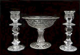 CRYSTAL COMPOTE & MATCHING CANDLESTICKS 8" DIAM