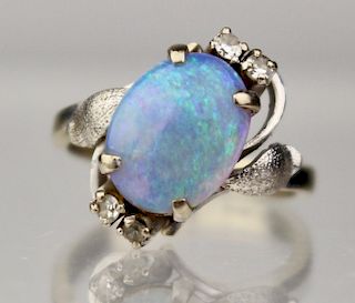 14K White Gold Fiery Opal & Diamond Ring