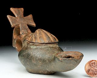 Byzantine Bronze Lidded Pilgrim's Oil Lamp