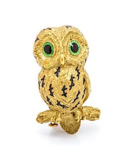 An 18 Karat Yellow Gold and Polychrome Enamel Owl Brooch, Hermes, 6.60 dwts.