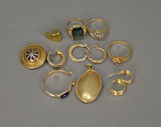 Group of 14 karat gold rings, pins, earrings. 26.7 grams