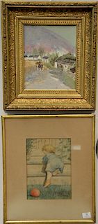 Two framed pieces to include framed porcelain plaque marked D.G. Quinan (13" x 11 1/2") and watercolor on paper, Young Boy with ball...