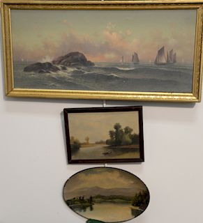 Four paintings to include G.A. Mackay, oil on board, Vermont Farm; Medora Emery, oil on board, landscape painting, Auburn Maine, 190...