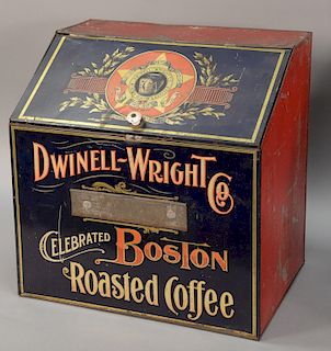 Vintage Dwinell-Wright Co. coffee advertising tin marked: "Dwinell-Wright Co. Celebrated Boston Roasted Coffee". ht. 19 1/2in., wd. ...