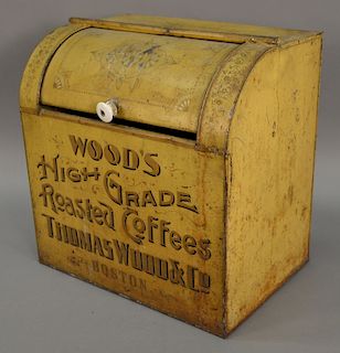 Large Woods Coffee advertising tin "Wood's High Grade Roasted Coffees Thomas Wood & Co. Boston". ht. 20in., dia. 19 1/4in.