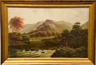 William James Smith Crampton (1855-1935) oil on board, Mountainous Landscape with Two Fishermen, original sales receipt from 1988, 1...