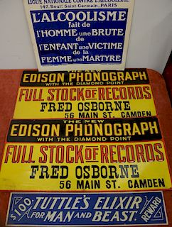 Group of five advertising signs including two "The New Edison Phonograph with the Diamond Point Full Stock of Records Fred Osborne",...