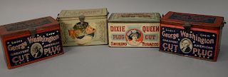Group of four "Lunch Pail" tobacco tins including U.S. Marine Cut Plug, Dixie Queen Plug Cut, and Smoke Chew George Washington Great...