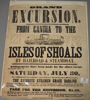 Advertising poster, 19th century, Grand Excursion from Candia to the Isles of Shoals by Railroad and Steamboat July 1853. 22" x 18"