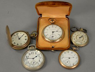 Five pocket watches including one in hunting case and one in Pearlson Jewelry Houlton Maine.