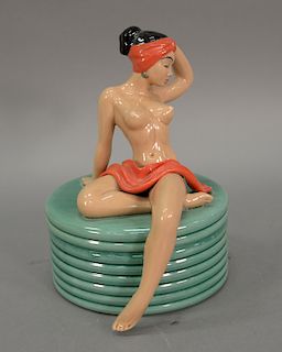 Dorothy Kindell Art Nouveau covered figural box with nude figure sitting on top. ht. 10 1/2in.