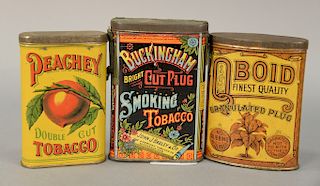 Three vintage tobacco tins including Peachey Double Cut Tobacco Buckingham Bright cut plug Smoking Tobacco, John Bagley and Q Boid F...
