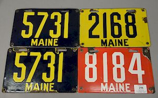Lot of four 4-digit porcelain Maine license plates, two are an exact pair. lg. 9 1/2in.