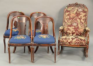 Five piece lot to include a set of four Empire side chairs with needlepoint seats and a Victorian rocker.