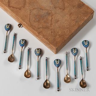 Boxed Set of Eleven Russian .916 Silver and Cloisonné Enamel Spoons