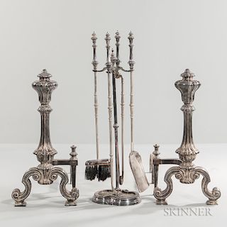 Baroque-style Silvered-brass Andirons and Tools