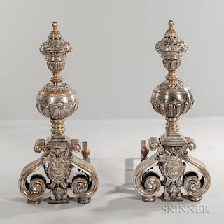 Baroque-style Silvered-brass Andirons
