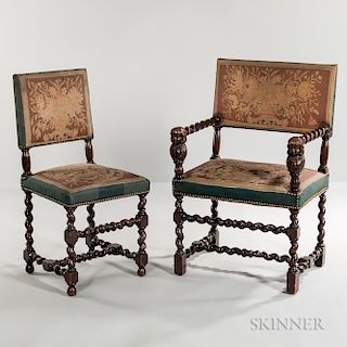 Set of Eight Jacobean-style Tapestry-upholstered Dining Chairs