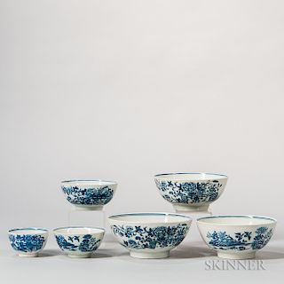 Six Blue and White Worcester Porcelain Graduated Bowls