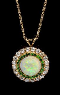 A Rose Gold, Opal, Diamond and Demantoid Garnet Pendant and Yellow Gold Chain, 5.10 dwts.