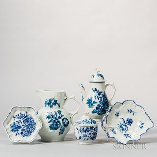 Five Worcester Porcelain Underglaze Blue and White Decorated Items