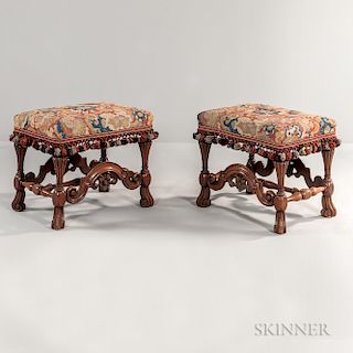 Pair of Baroque-style Tapestry-upholstered Walnut Stools