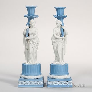 Pair of Wedgwood Blue and White Jasper Figural Candlesticks